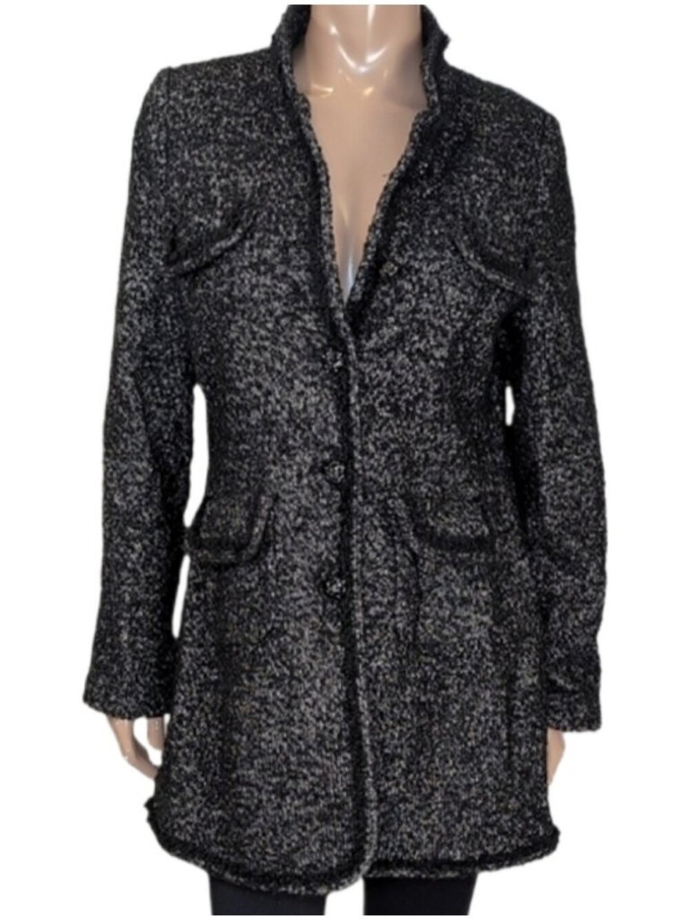 Olsen Europe Tweed Longline Womens Jacket Custom Jewel Buttons Black Fall Winter